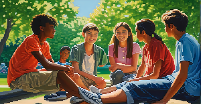 A group of diverse teenagers sitting in a park, talking animatedly under a blue sky.