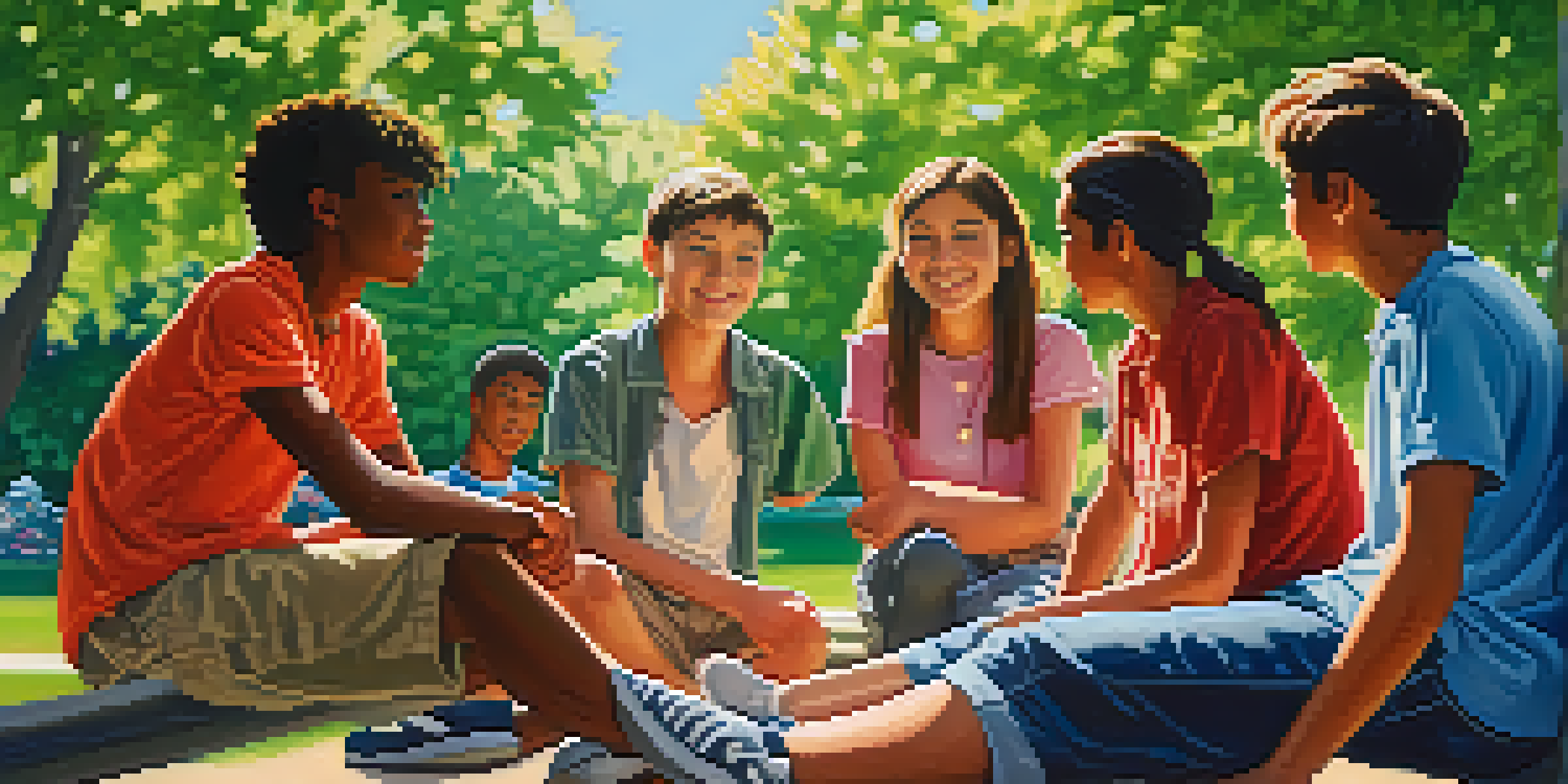 A group of diverse teenagers sitting in a park, talking animatedly under a blue sky.