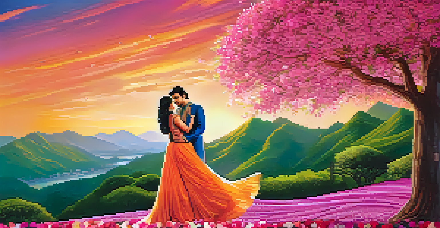 A romantic Bollywood movie poster with a couple embracing in front of a sunset and lush greenery, decorated with floating petals.