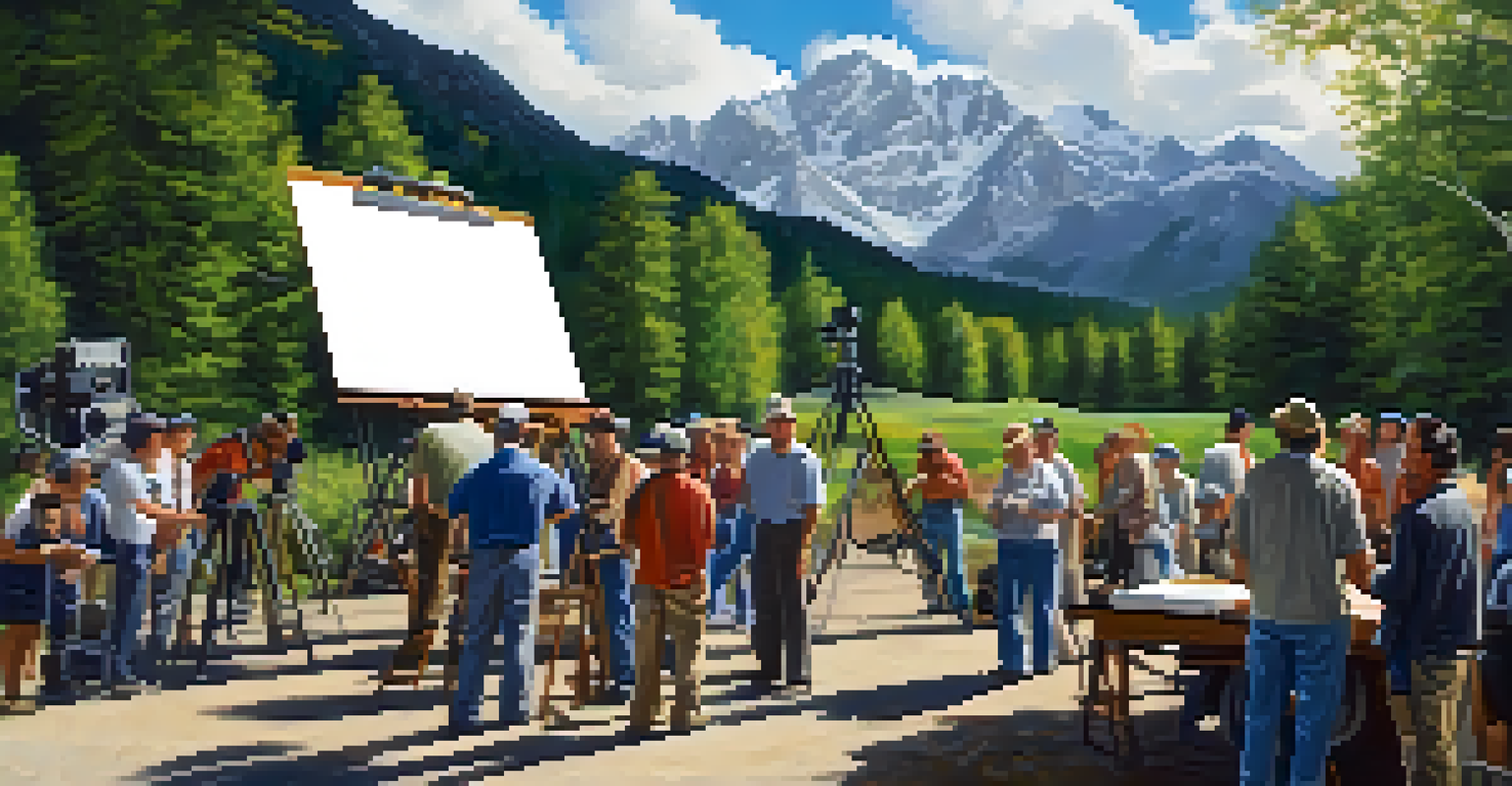 A film producer directing a crew on an outdoor film set against a mountain backdrop, with crew members setting up equipment.