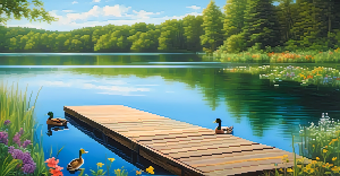 A tranquil lake with a wooden dock, surrounded by green forests and wildflowers, reflecting sunlight.