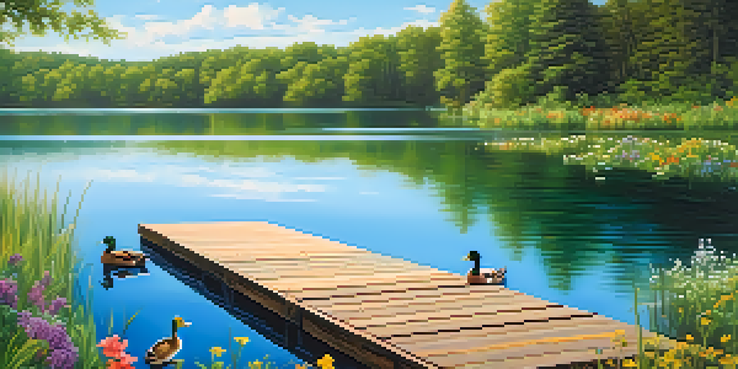 A tranquil lake with a wooden dock, surrounded by green forests and wildflowers, reflecting sunlight.
