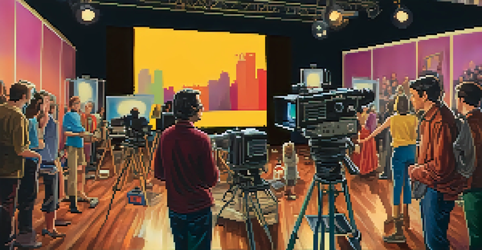 A busy film set with filmmakers and actors rehearsing a scene, surrounded by vintage cameras and colorful lights.