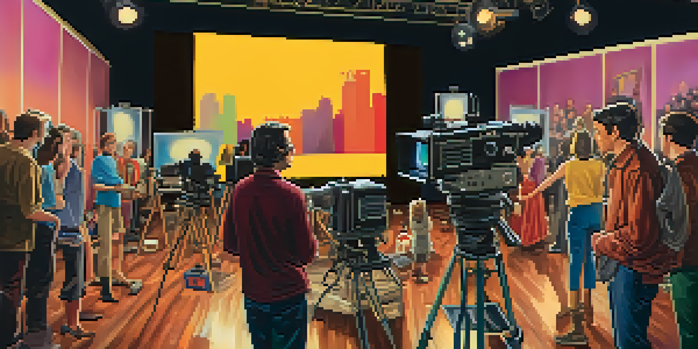 A busy film set with filmmakers and actors rehearsing a scene, surrounded by vintage cameras and colorful lights.