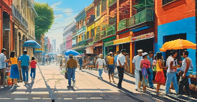 A lively street in Buenos Aires with a colorful mural and people walking.