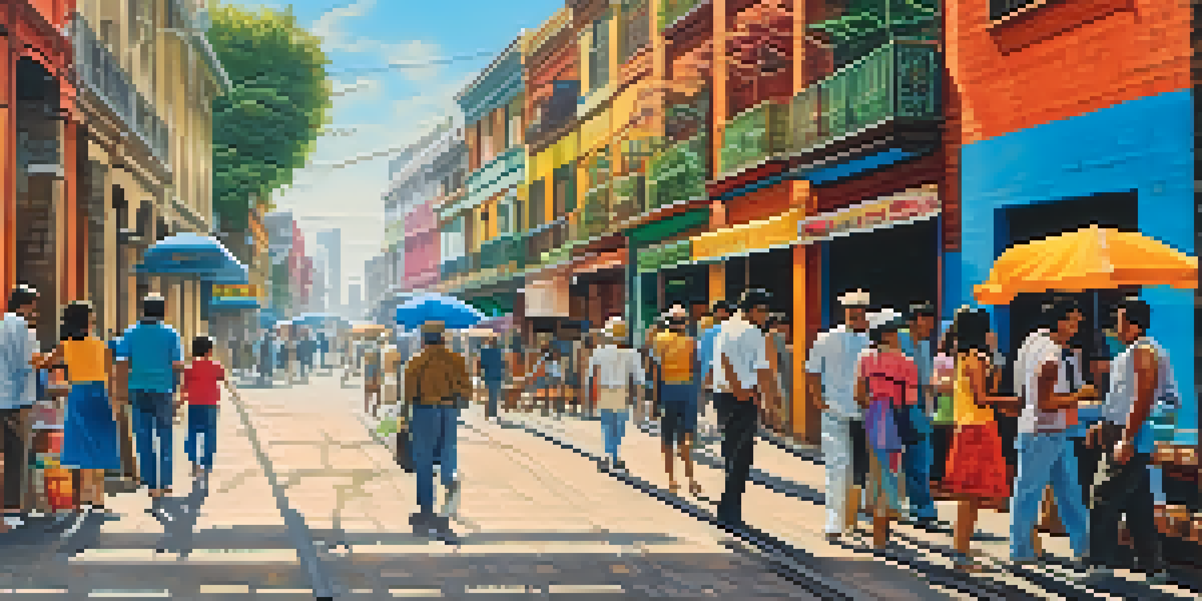 A lively street in Buenos Aires with a colorful mural and people walking.