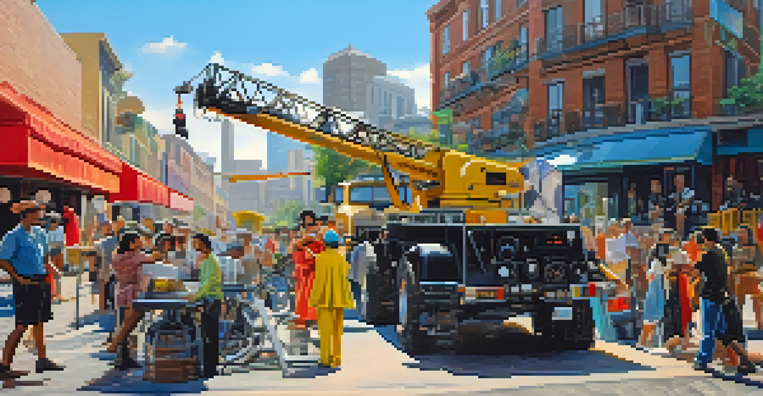 An outdoor film shoot in a vibrant urban environment with a diverse cast and crew, a crane camera capturing an action scene under a bright blue sky.