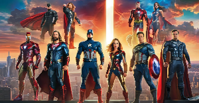 A group of superheroes posed heroically against a sunset city skyline, showcasing their unique powers and vibrant costumes.