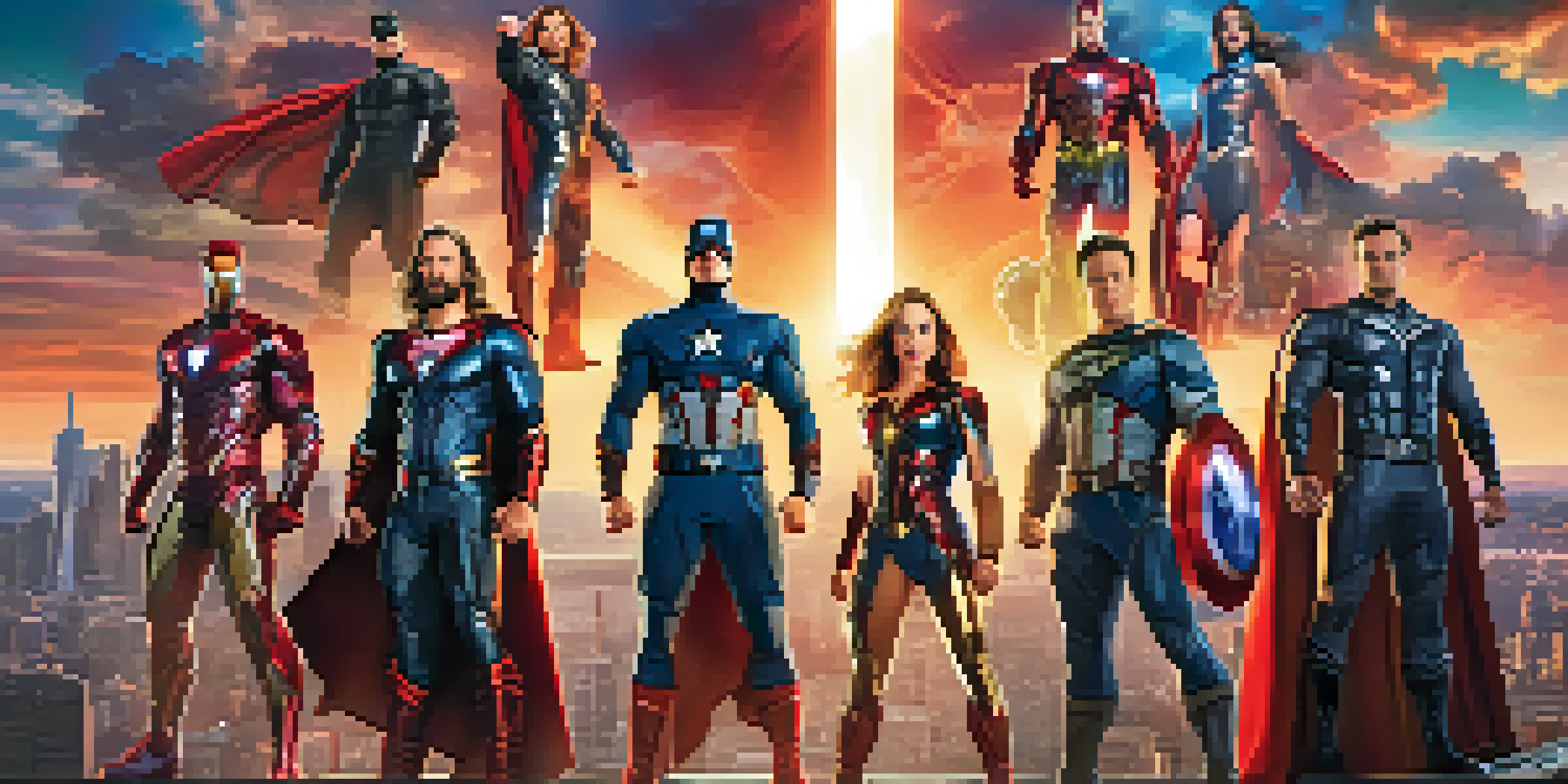 A group of superheroes posed heroically against a sunset city skyline, showcasing their unique powers and vibrant costumes.