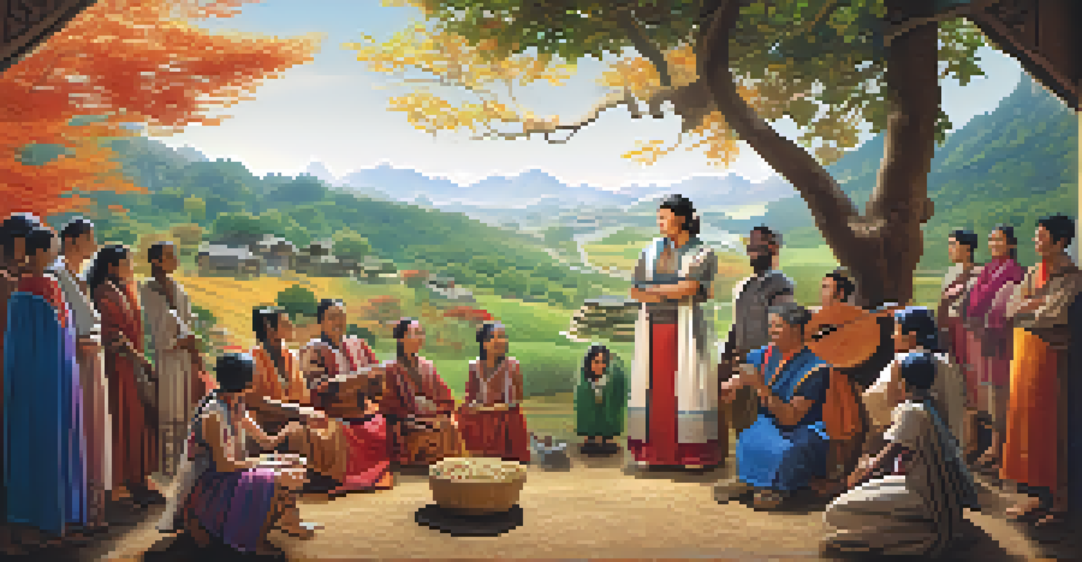 A split-screen showing a traditional storyteller in a village and a modern digital stage performance, illustrating the evolution of storytelling.