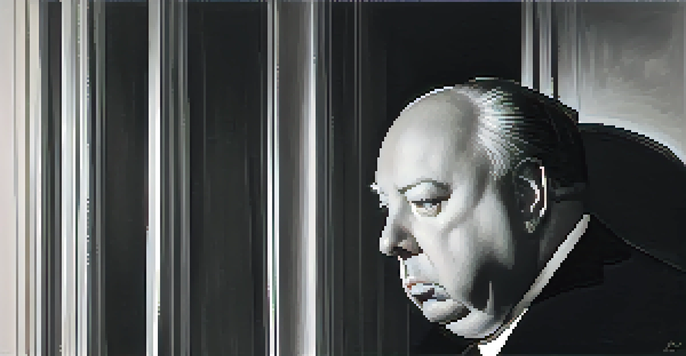 A black and white portrait of Alfred Hitchcock with a thoughtful expression, soft lighting, and a blurred film set background.