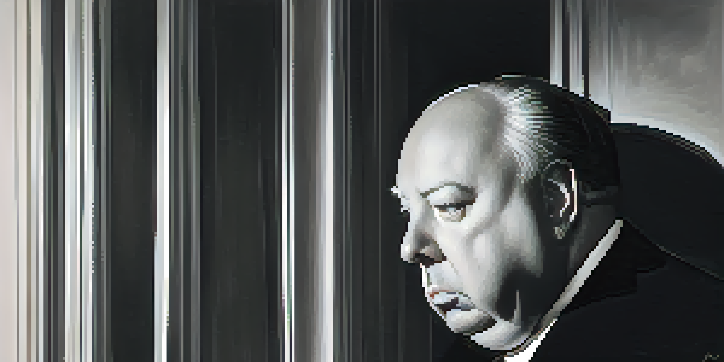 A black and white portrait of Alfred Hitchcock with a thoughtful expression, soft lighting, and a blurred film set background.