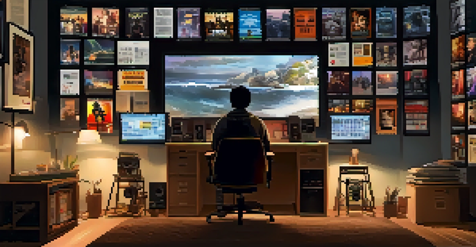 A filmmaker in an editing room, adjusting audio levels with multiple screens showing film scenes.