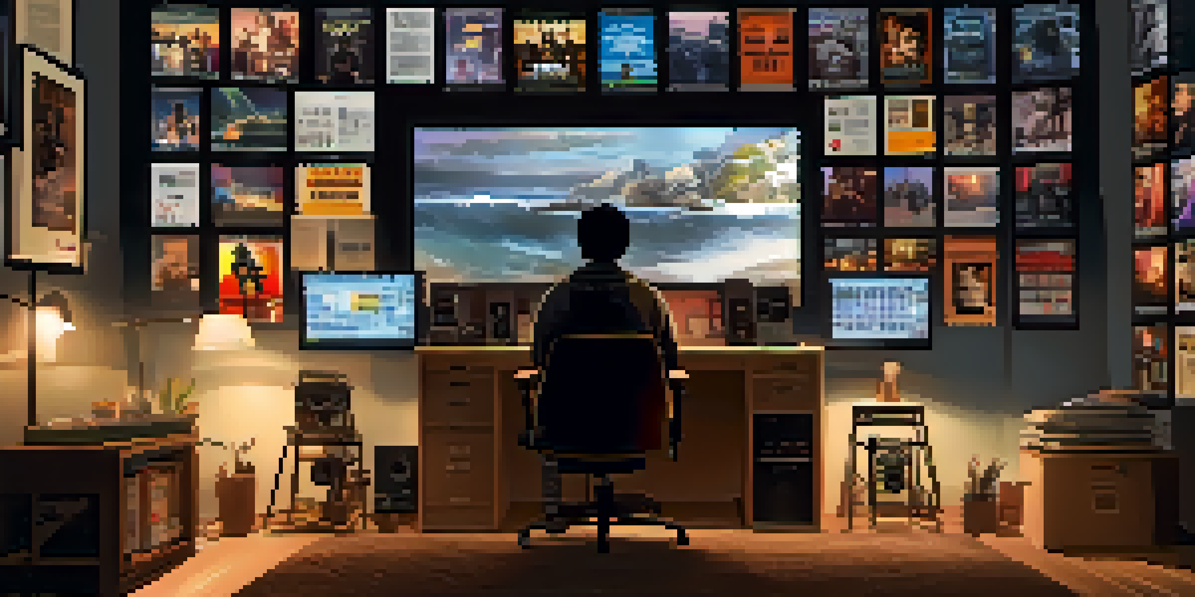 A filmmaker in an editing room, adjusting audio levels with multiple screens showing film scenes.
