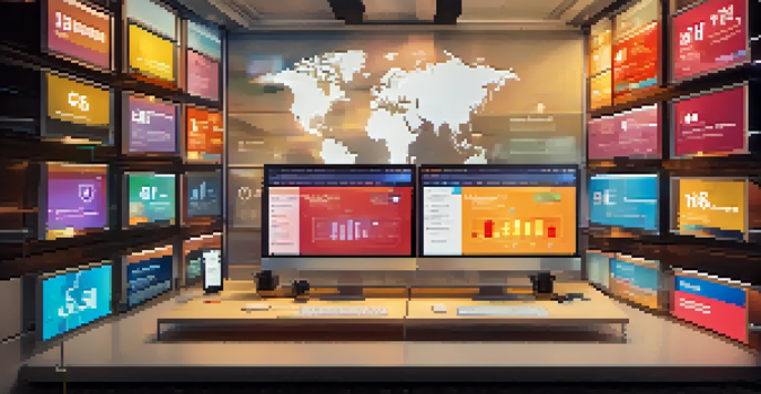 A colorful social media dashboard with people interacting with various platforms and trending content.