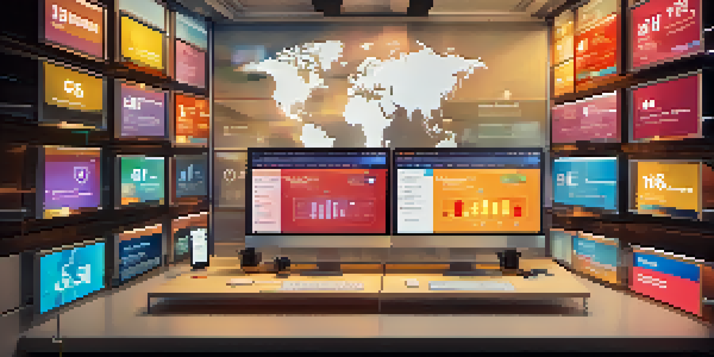 A colorful social media dashboard with people interacting with various platforms and trending content.