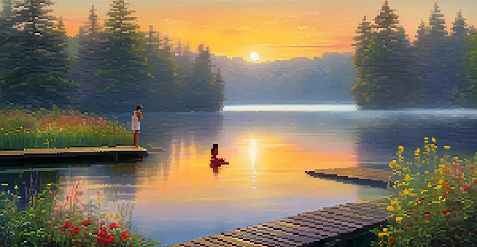 A peaceful sunrise scene over a lake, with a person doing yoga on a dock surrounded by nature.