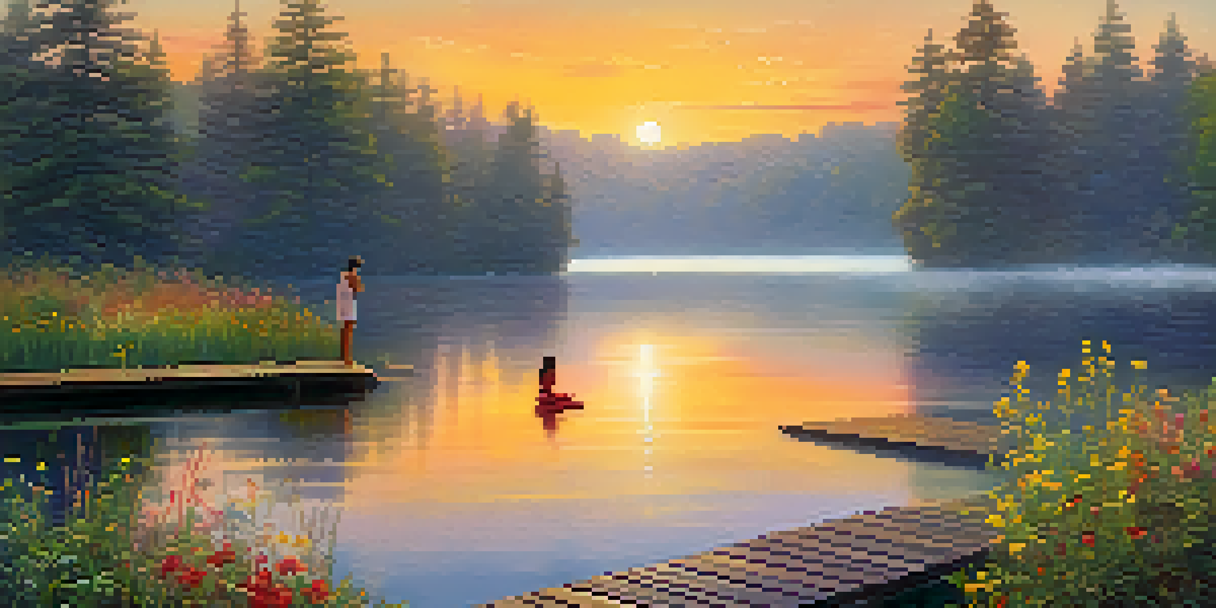 A peaceful sunrise scene over a lake, with a person doing yoga on a dock surrounded by nature.