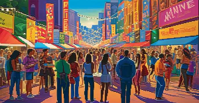 A lively film festival with diverse filmmakers presenting their work, surrounded by colorful banners and engaged attendees.