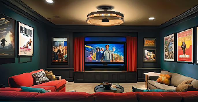 A cozy home theater with a large screen showing a comedy film, dim lighting, plush seating, and movie posters on the walls.