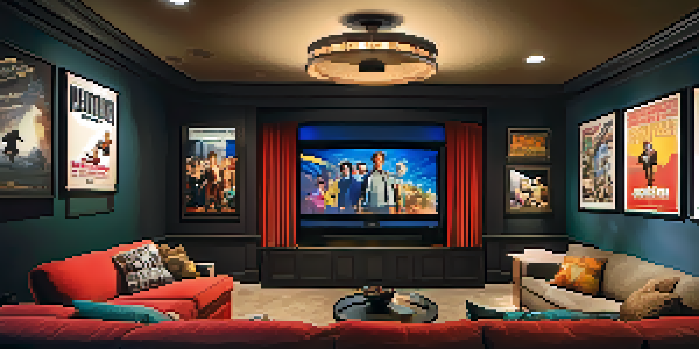 A cozy home theater with a large screen showing a comedy film, dim lighting, plush seating, and movie posters on the walls.