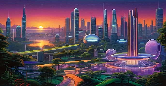 A futuristic city at dusk with skyscrapers illuminated by neon lights and a serene park in the foreground.