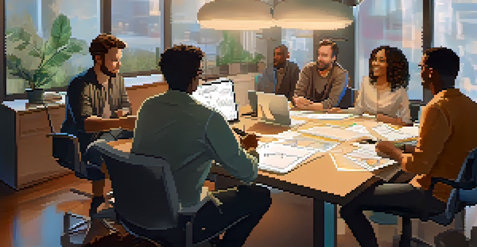 A close-up of diverse filmmakers brainstorming ideas in a modern office, with notes and sketches on the table under bright overhead lights.