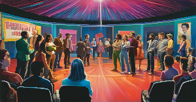A colorful film set with a diverse group of actors, including a strong female lead and a male character, rehearsing a scene amid vibrant props and lights.