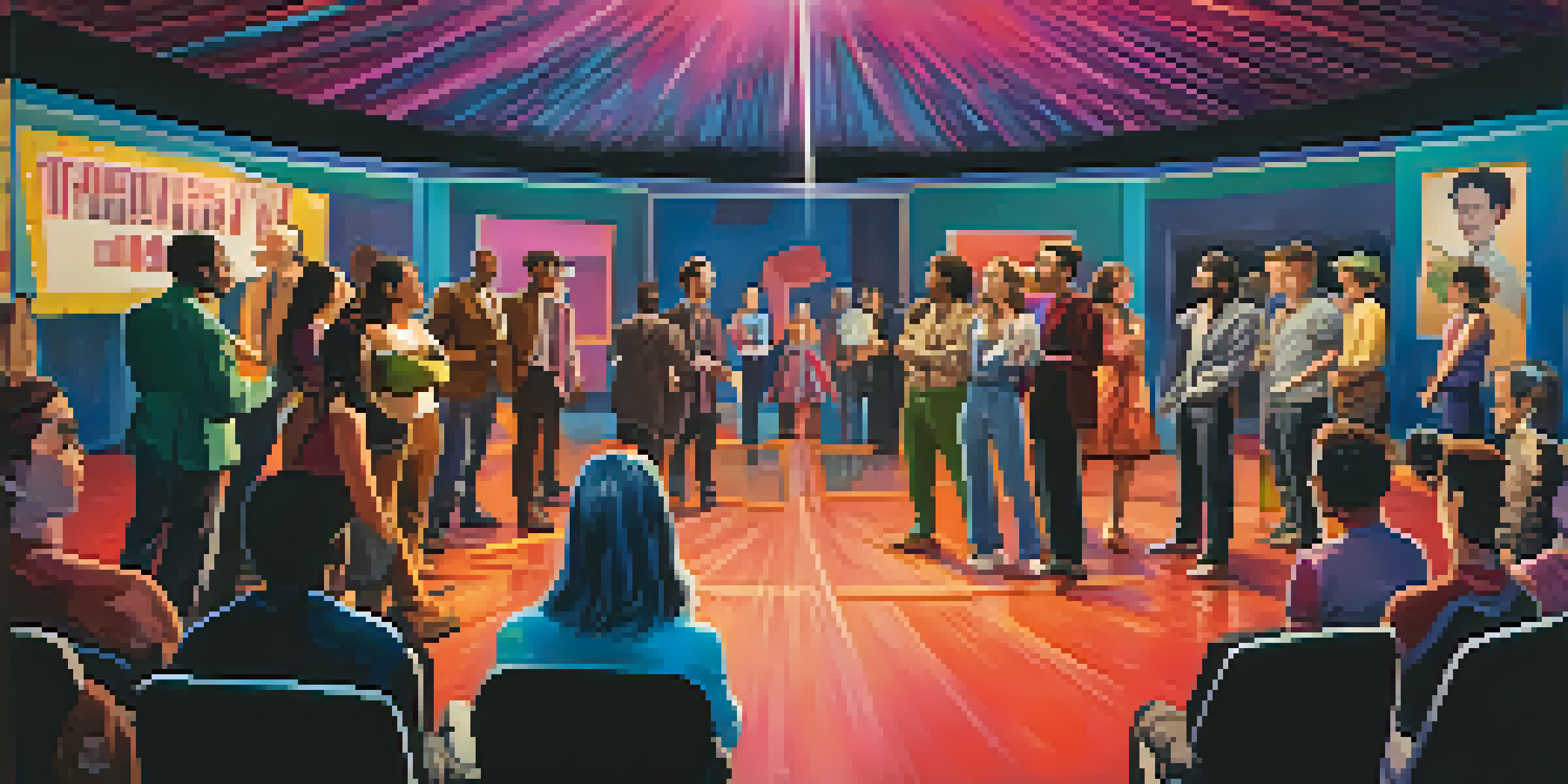 A colorful film set with a diverse group of actors, including a strong female lead and a male character, rehearsing a scene amid vibrant props and lights.