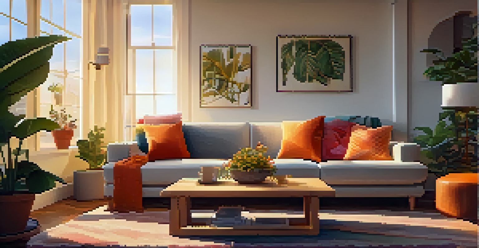 A warm and inviting living room with a sunset view and cozy furnishings.