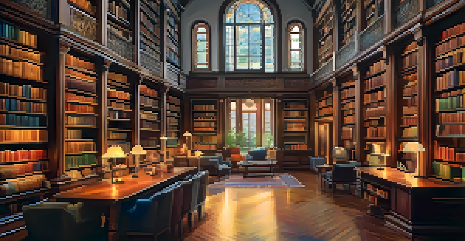 A vintage library with tall bookshelves filled with books, warm lighting, and a table with an open book and a cup of tea.
