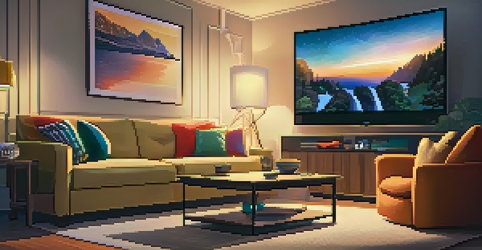 A cozy living room with a flat-screen TV showing a streaming service, warm lighting, and a sofa with cushions and popcorn.
