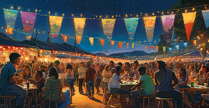 A lively outdoor film festival with diverse filmmakers and an audience under colorful banners and fairy lights at dusk.