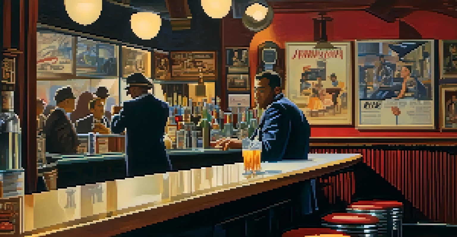 A smoky bar interior with a man at the counter, surrounded by vintage decor and a jazz band in the background.