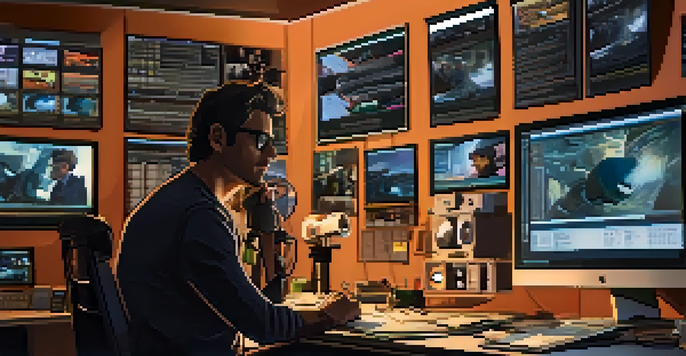 A film director in a modern editing room, surrounded by monitors and editing tools, looking thoughtful while reviewing footage.