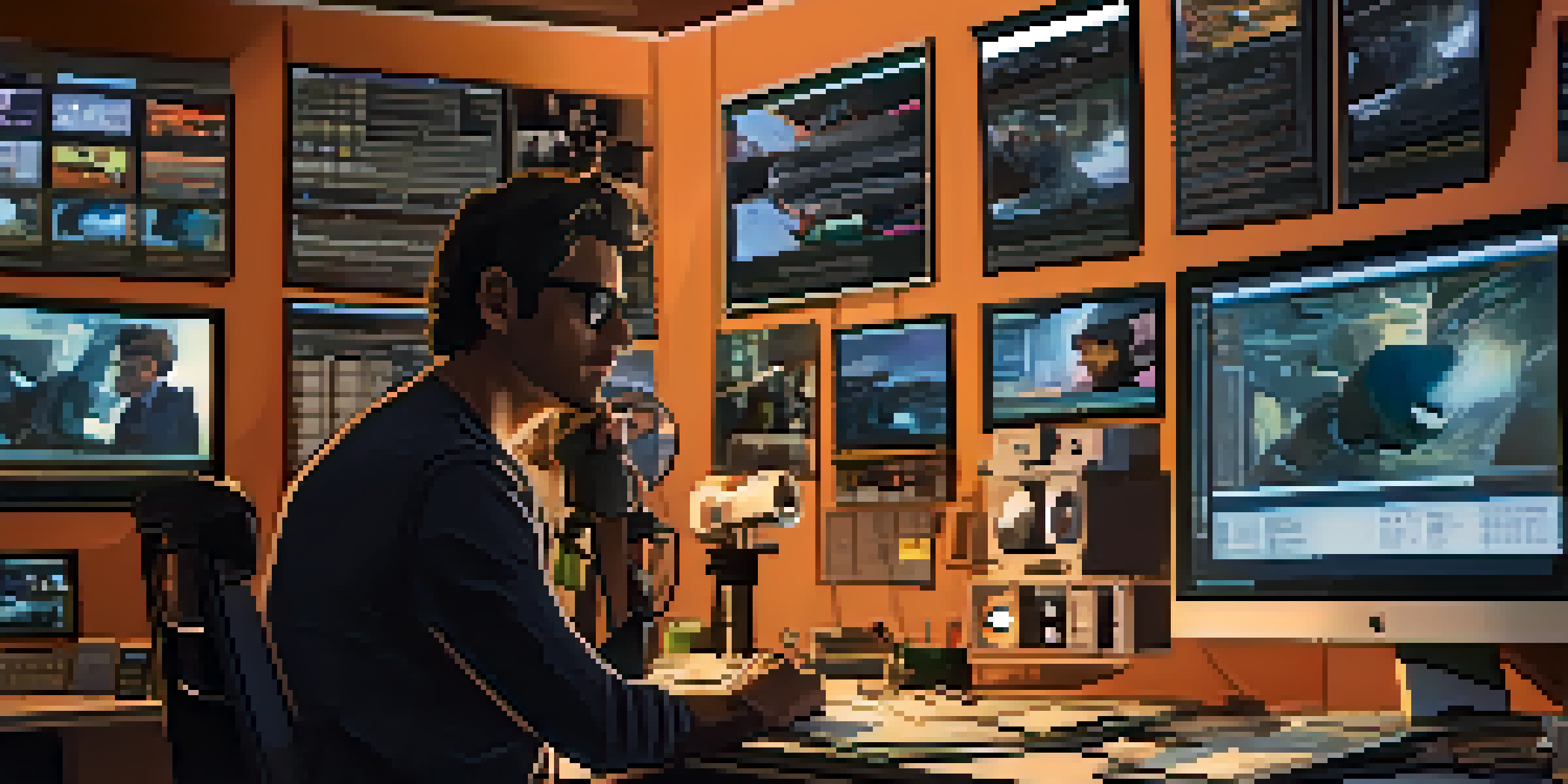 A film director in a modern editing room, surrounded by monitors and editing tools, looking thoughtful while reviewing footage.