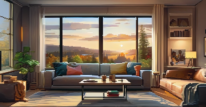 A warm and inviting living room with a sofa, TV, and coffee table filled with snacks, illuminated by soft lighting.