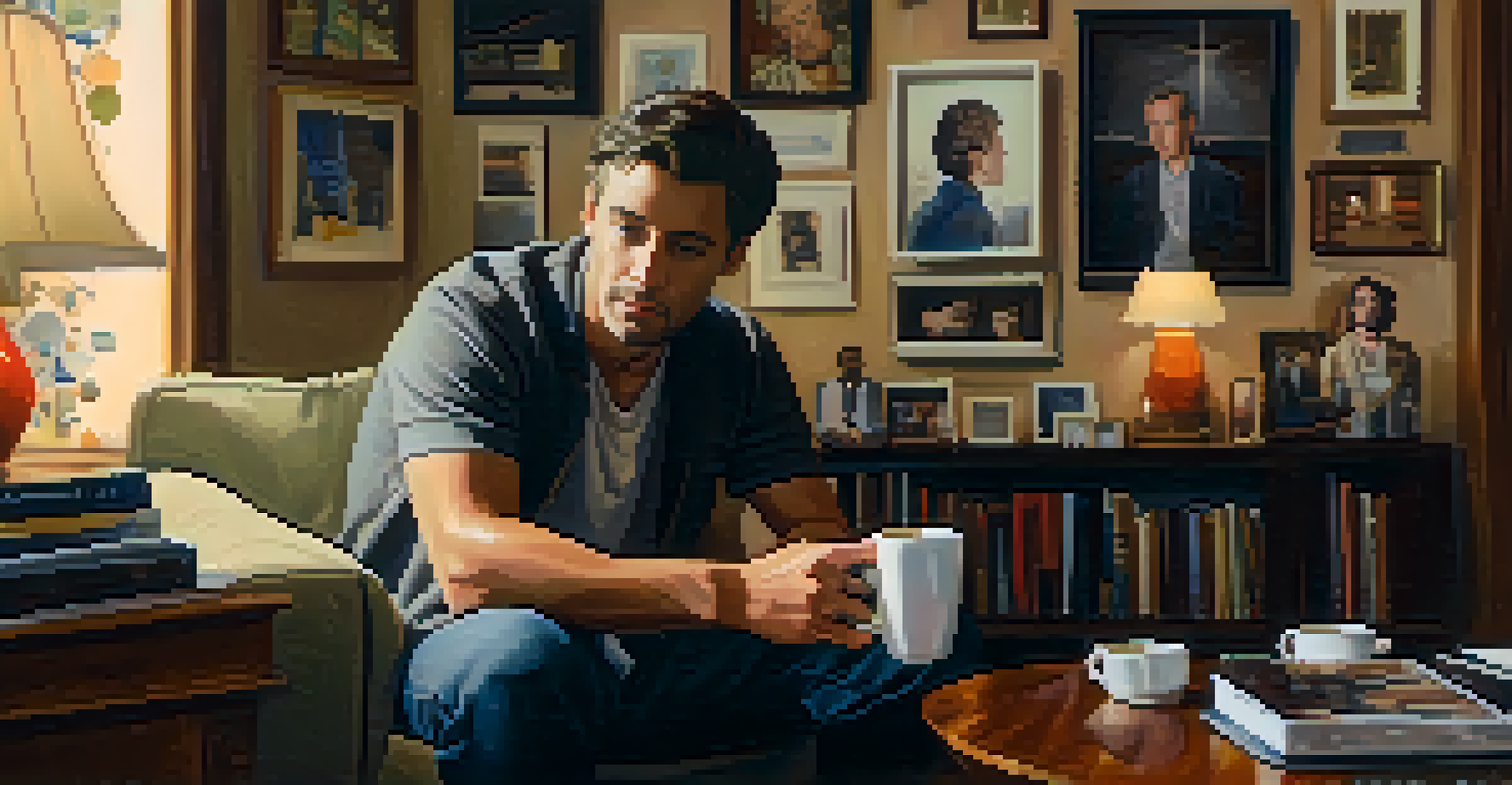 An actor in a cozy living room, surrounded by family photos, lost in thought while holding a coffee cup, illuminated by soft warm light.