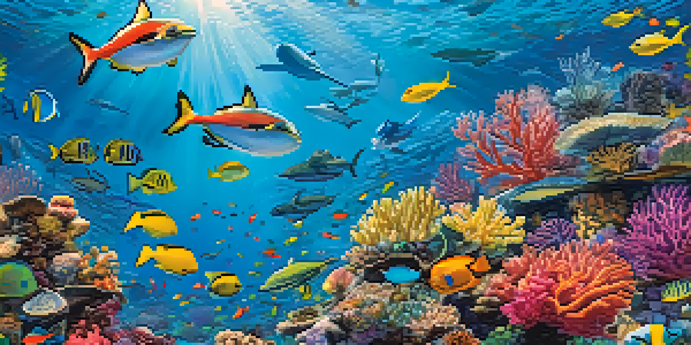 A colorful coral reef with various fish, a sea turtle, and sunlight filtering through clear blue water.