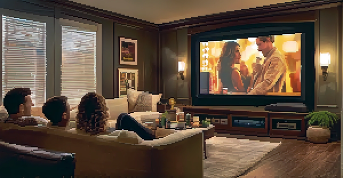 A couple enjoying a movie in a cozy home theater with ambient lighting and movie posters on the walls.