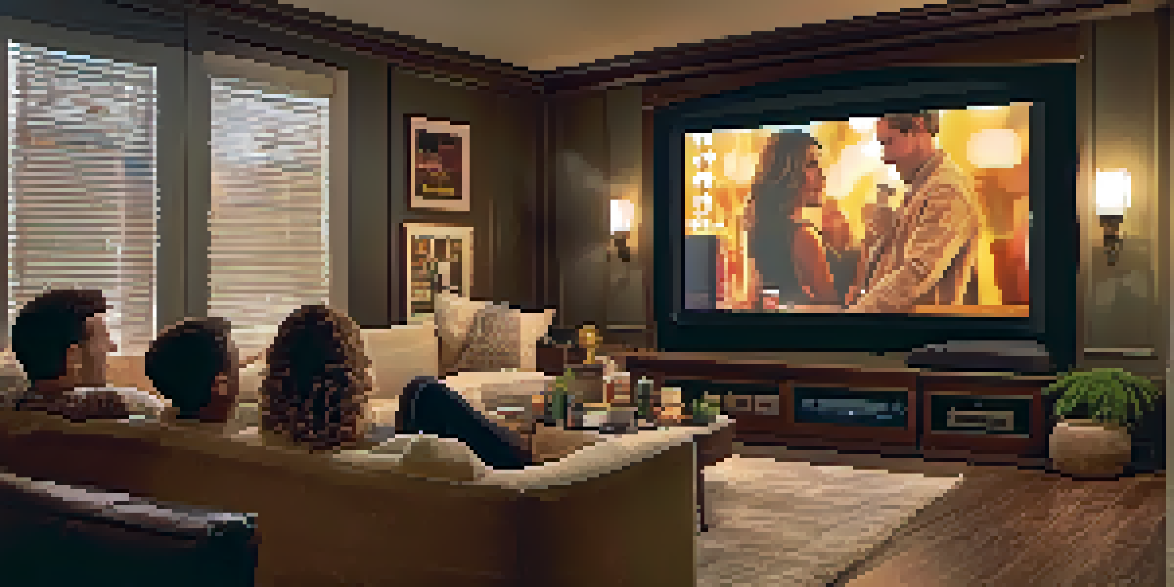 A couple enjoying a movie in a cozy home theater with ambient lighting and movie posters on the walls.