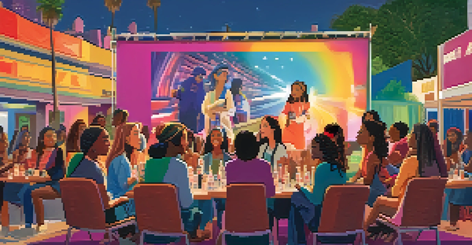 A lively film festival scene with diverse female filmmakers engaged in discussions, surrounded by colorful banners and film posters.