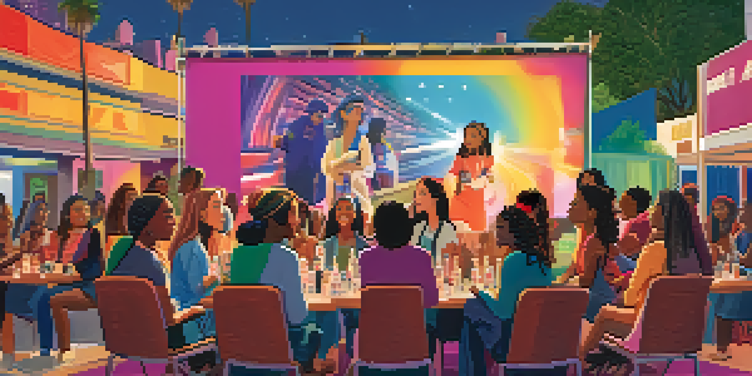 A lively film festival scene with diverse female filmmakers engaged in discussions, surrounded by colorful banners and film posters.