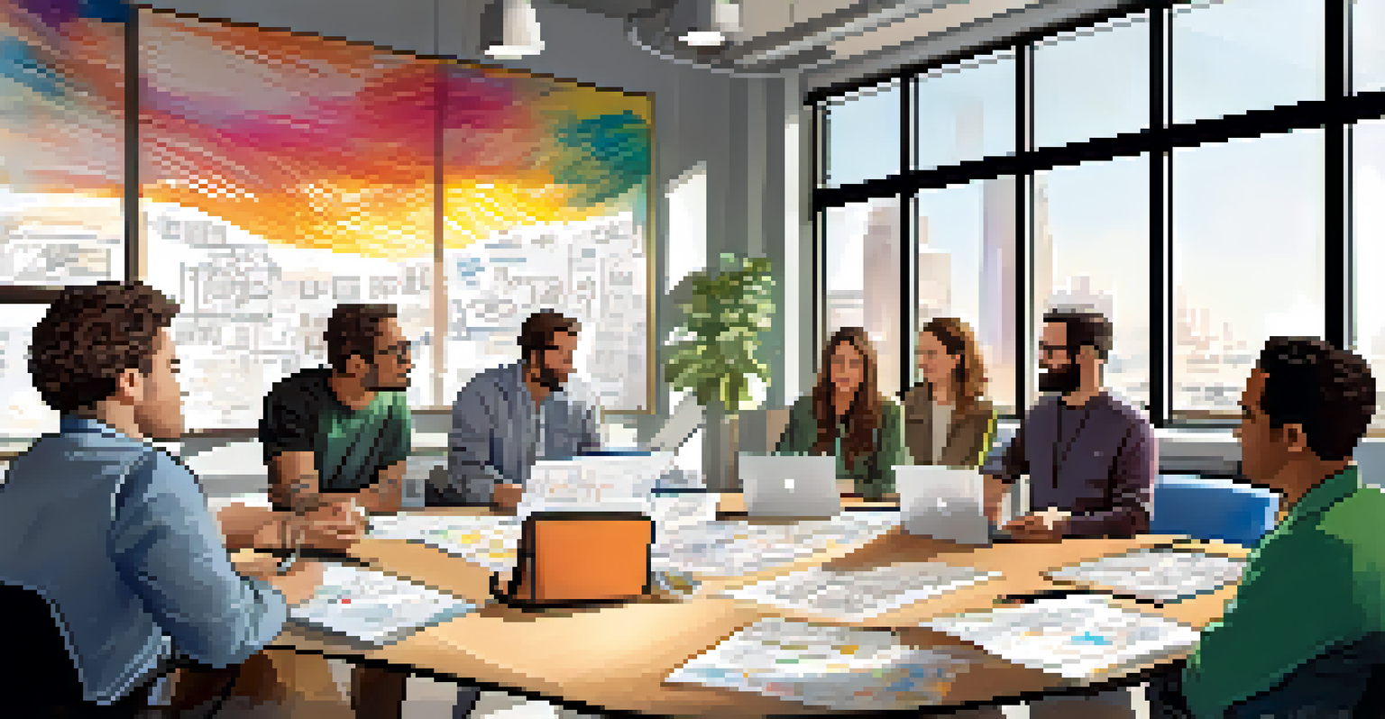 A lively pre-production meeting with filmmakers discussing around a table filled with scripts and laptops in a bright office.