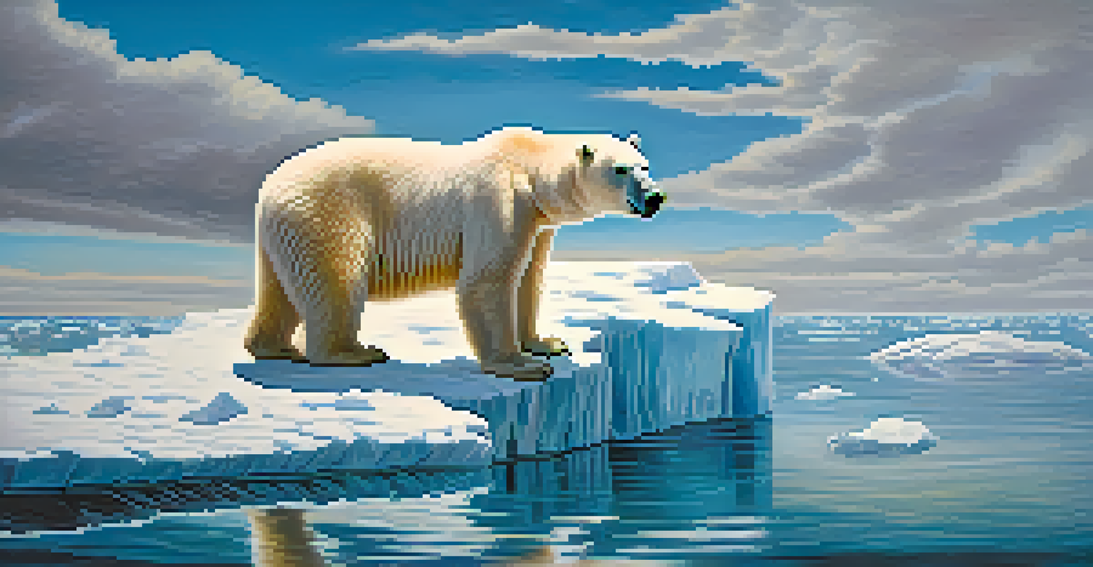 A polar bear on a melting iceberg in the ocean, looking at the viewer with a cloudy sky in the background.