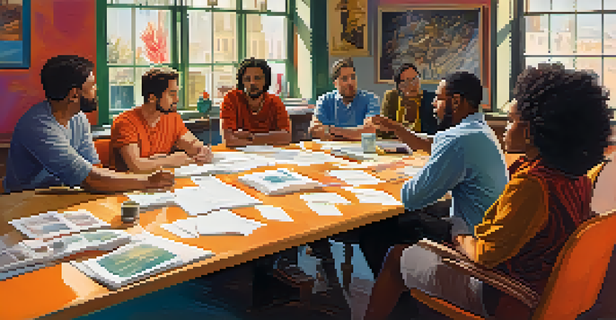 A diverse group of filmmakers discussing ideas in a bright and colorful film set, surrounded by storyboards and scripts.