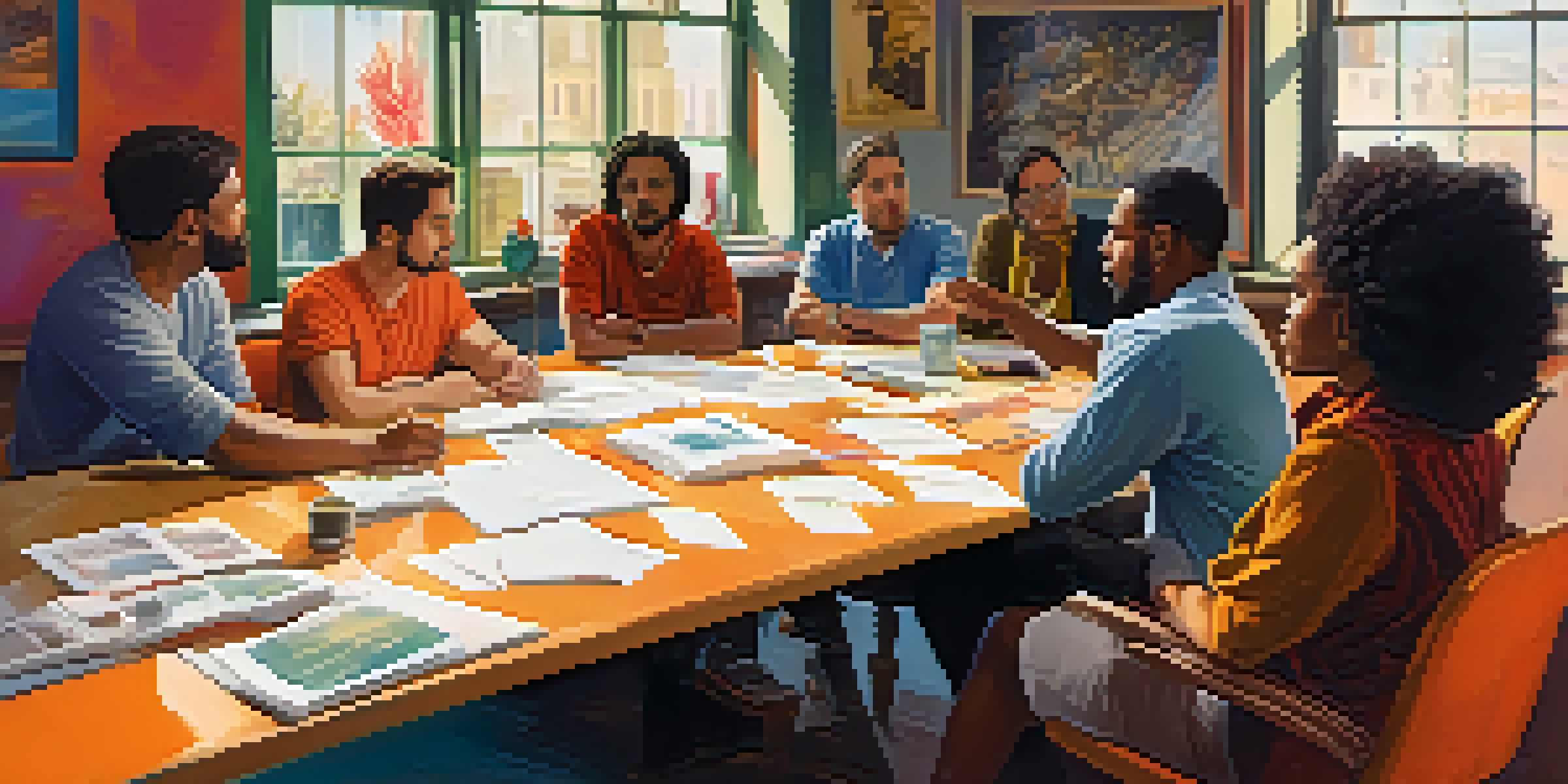 A diverse group of filmmakers discussing ideas in a bright and colorful film set, surrounded by storyboards and scripts.