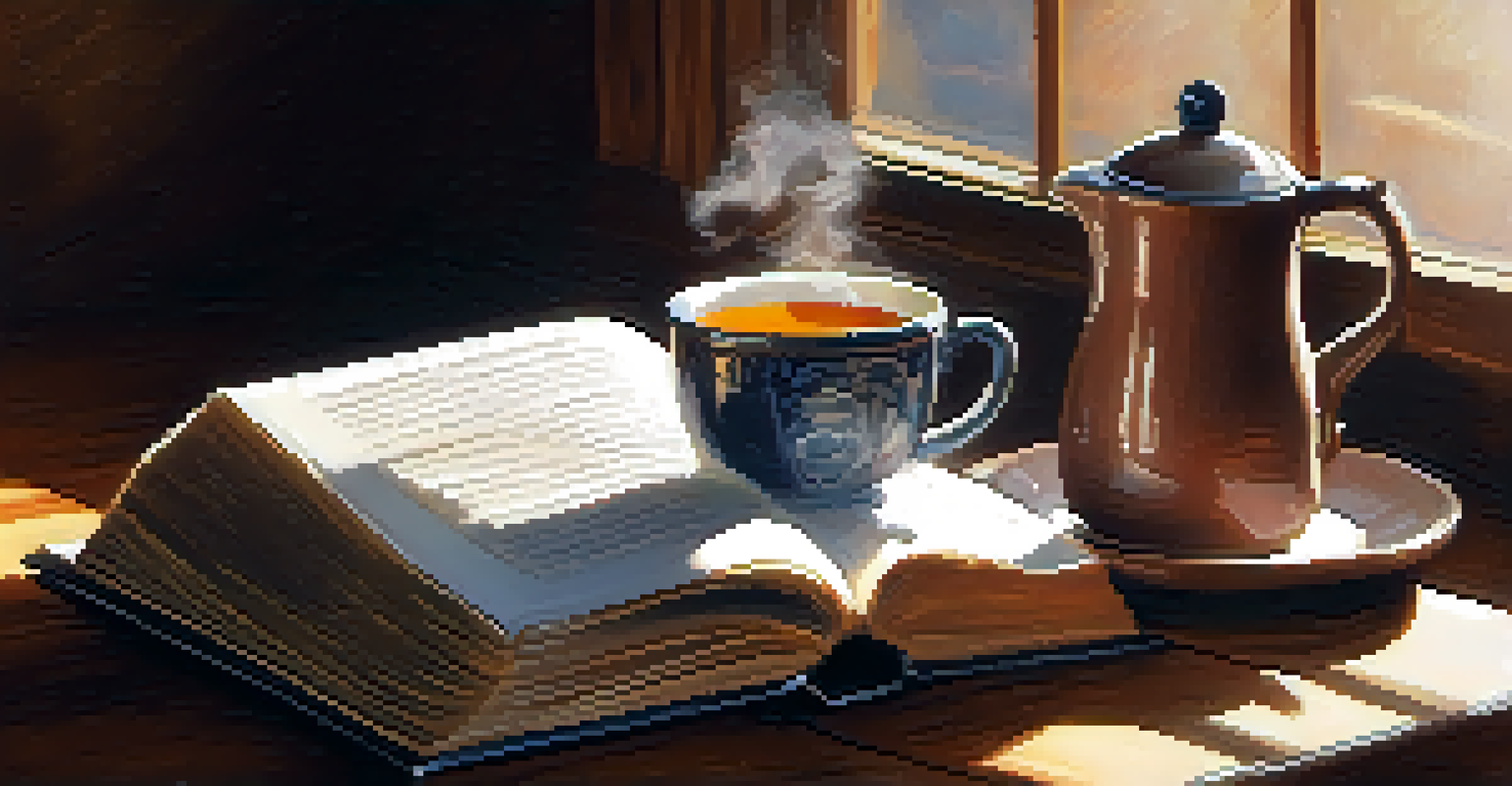 A close-up of an open book and a cup of tea on a table with sunlight.
