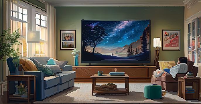 A family enjoying a movie night in a cozy living room with soft lighting and movie posters on the walls.