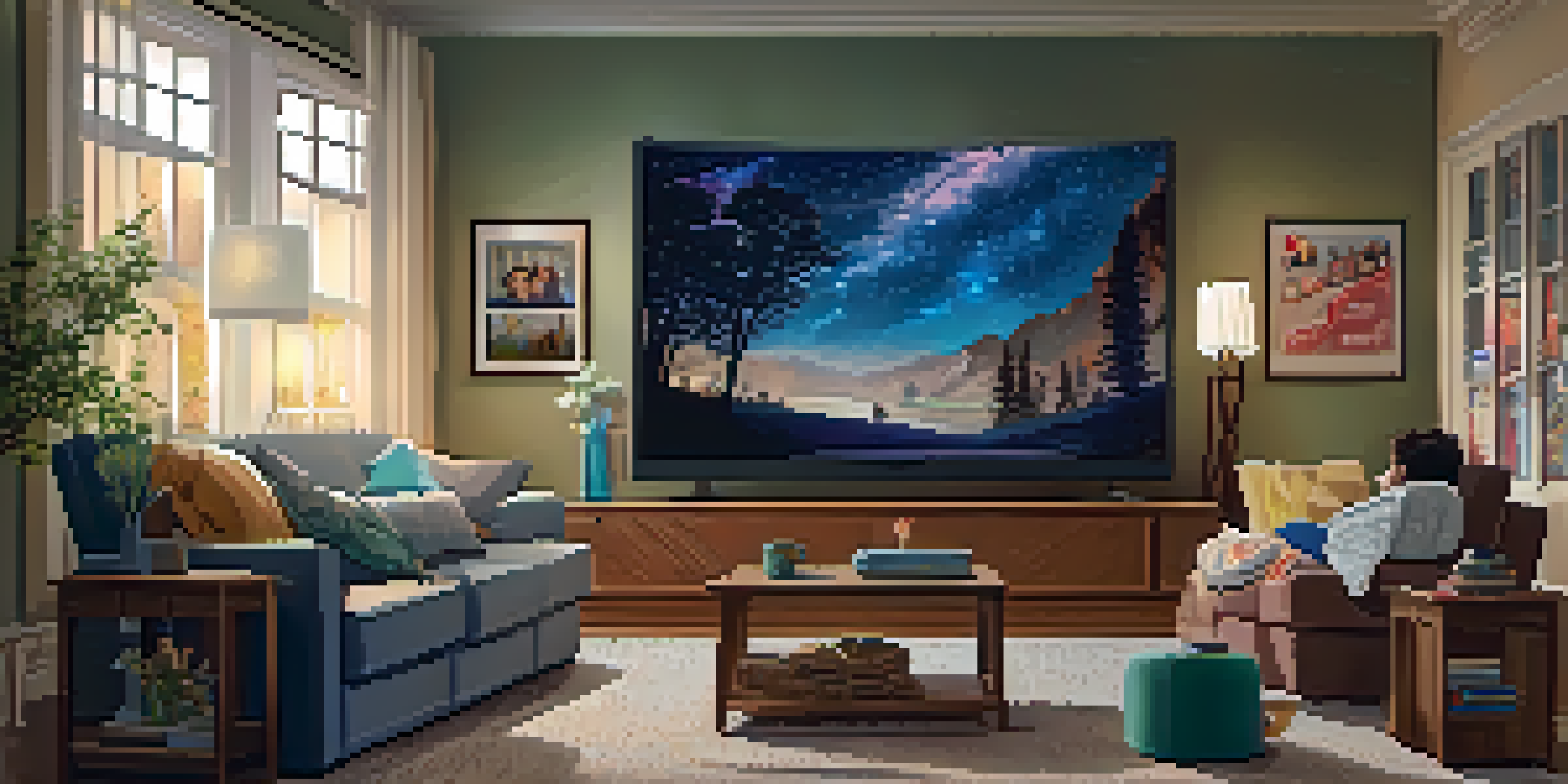 A family enjoying a movie night in a cozy living room with soft lighting and movie posters on the walls.
